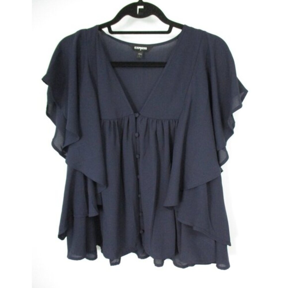 Express Button Front Sheer Sleeveless Navy Blue Blouse Womens L Ruffled - Picture 1 of 14